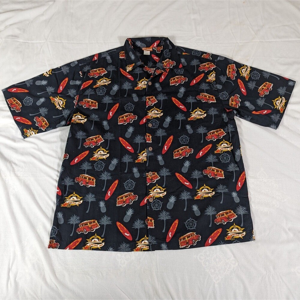 RA Sports Men's Black Hawaiian Aloha Camp Shirt Long Beach Gran Prix Size XL